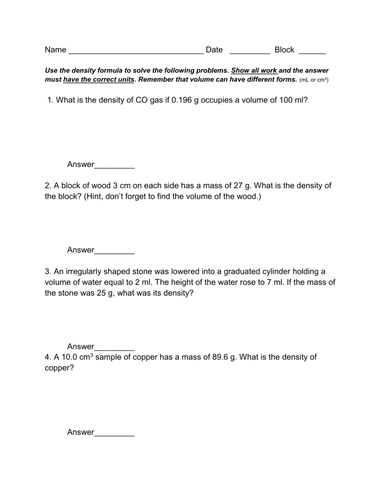 Density Review Worksheet