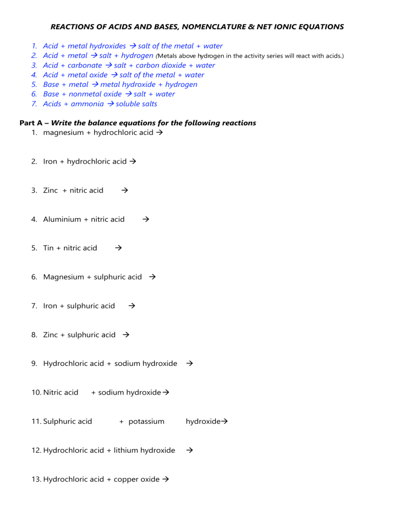 WS - Acids Base Reactions