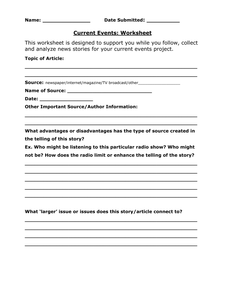 Current Events Worksheet