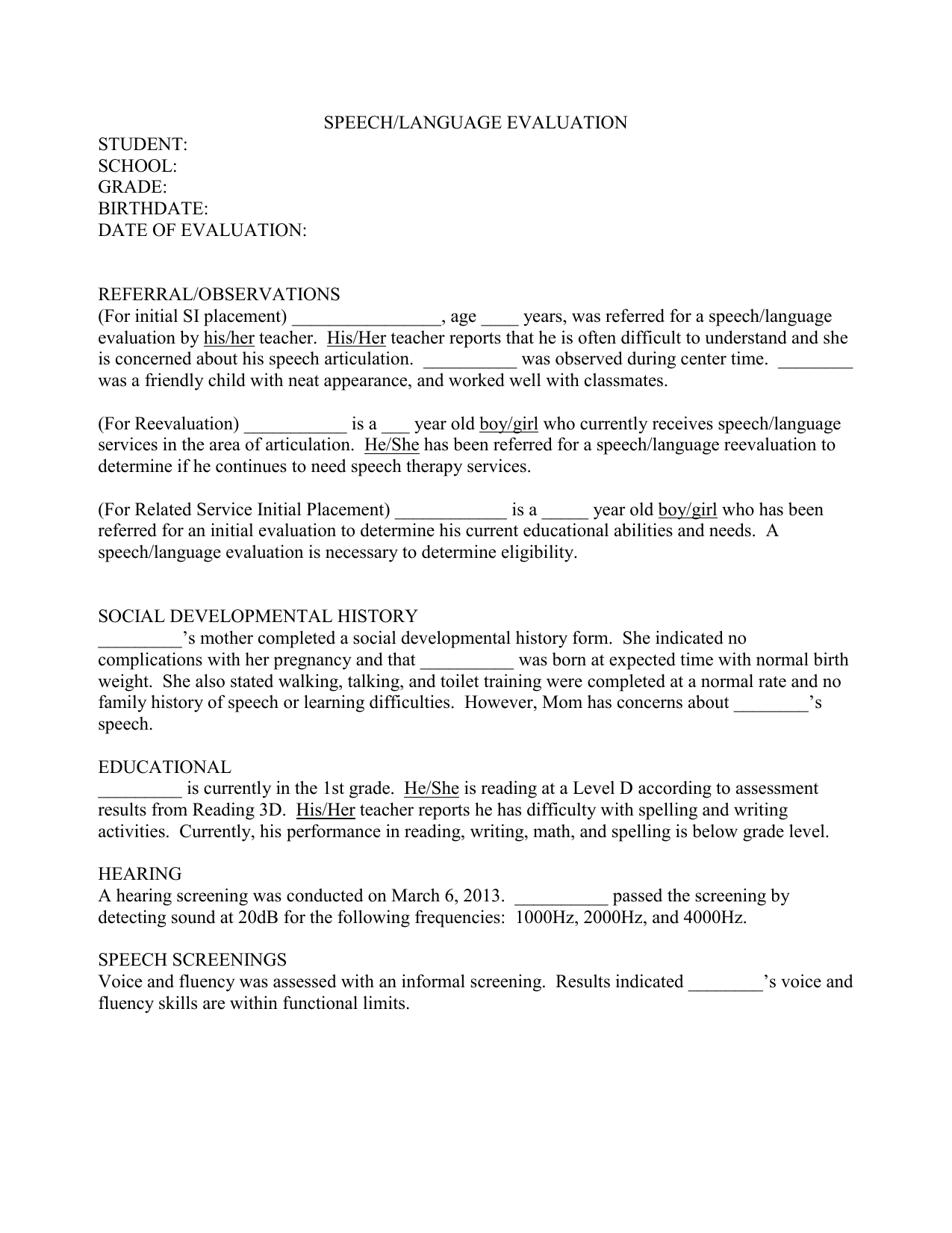 SPEECH-EVALUATION-REPORT-TEMPLATE-2 With Regard To Speech And Language Report Template