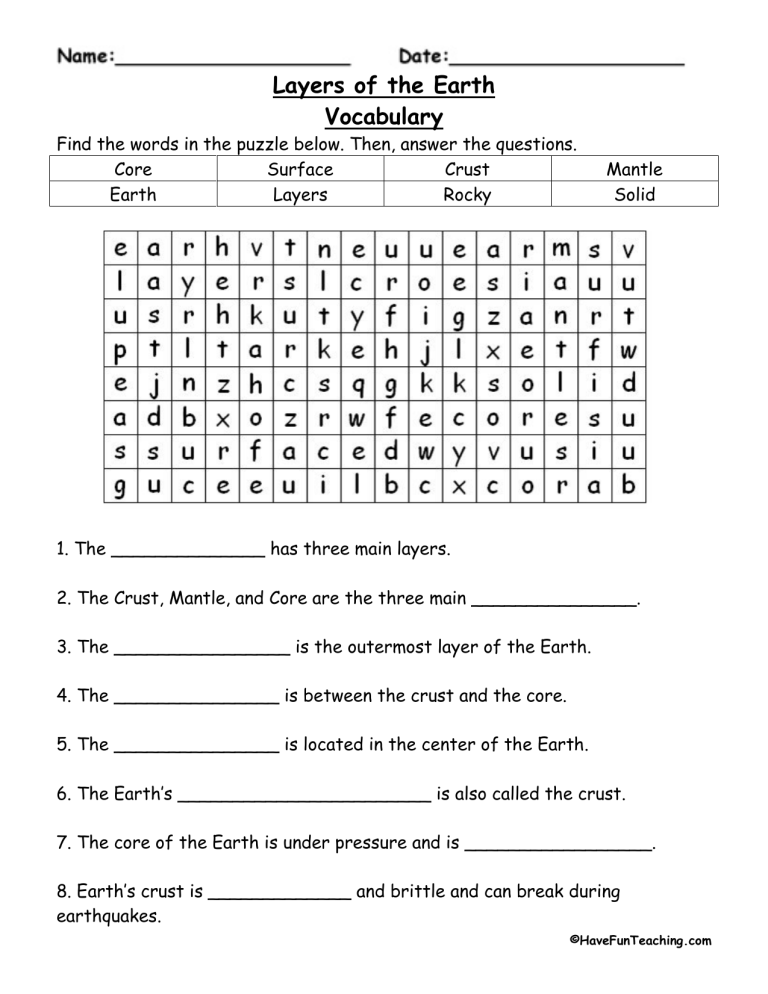 Layers Of The Earth Vocabulary