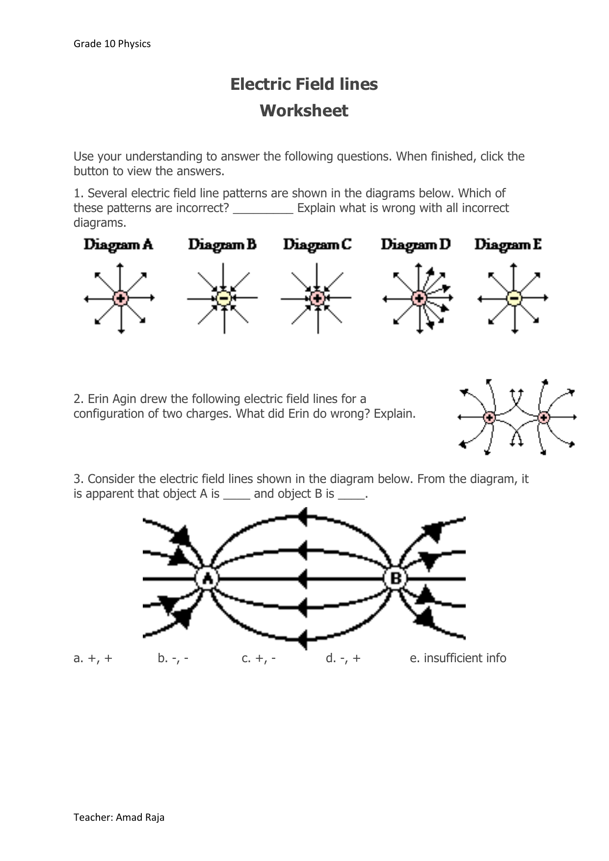 Electric Field Worksheet Answers