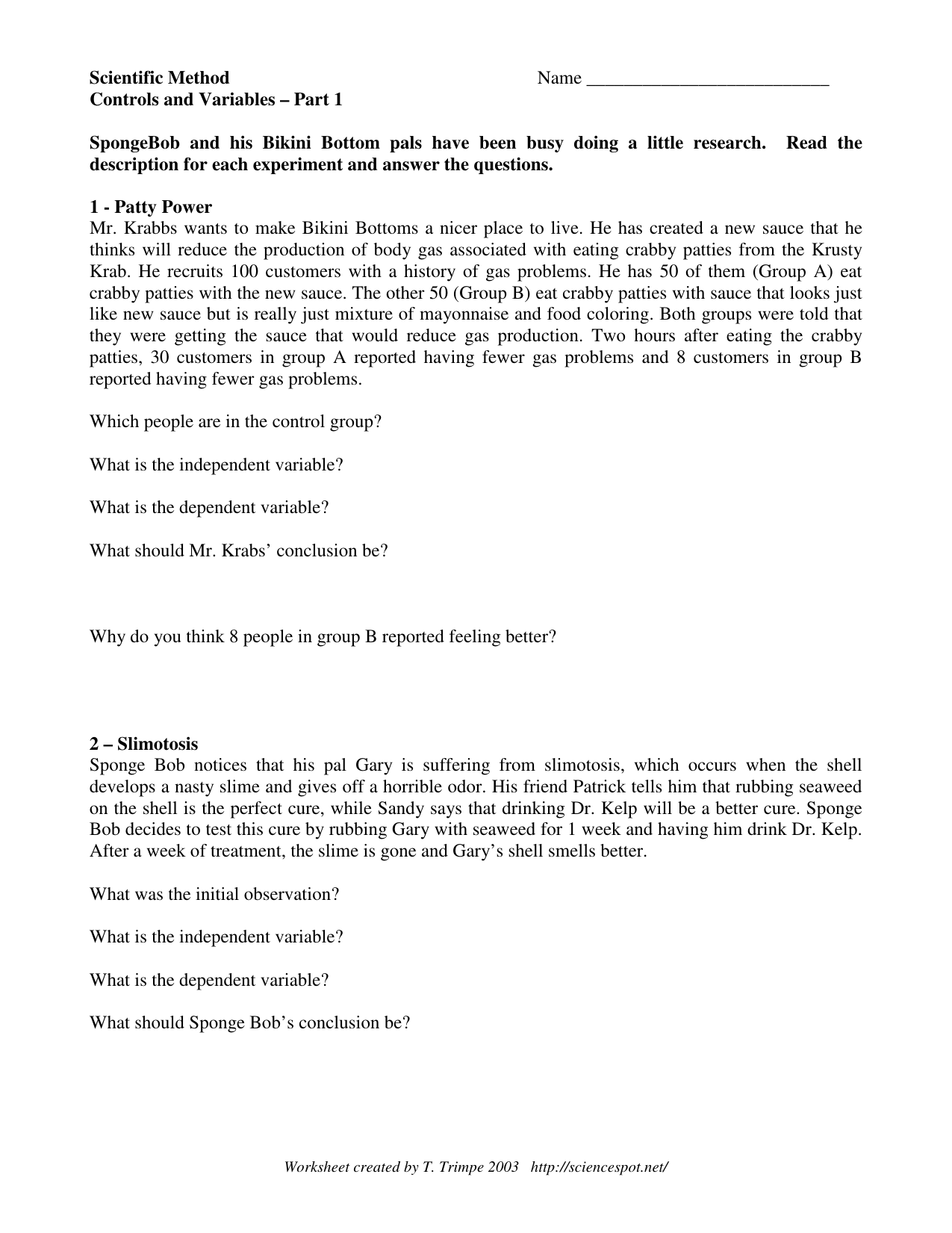 Spongebob Scientific Method Worksheet