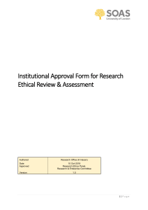 Institutional Approval Form for Research Ethical Review and Assessment