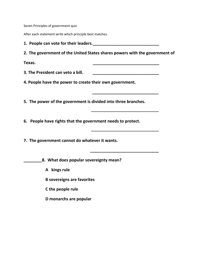 Seven Principles Of Government Quiz