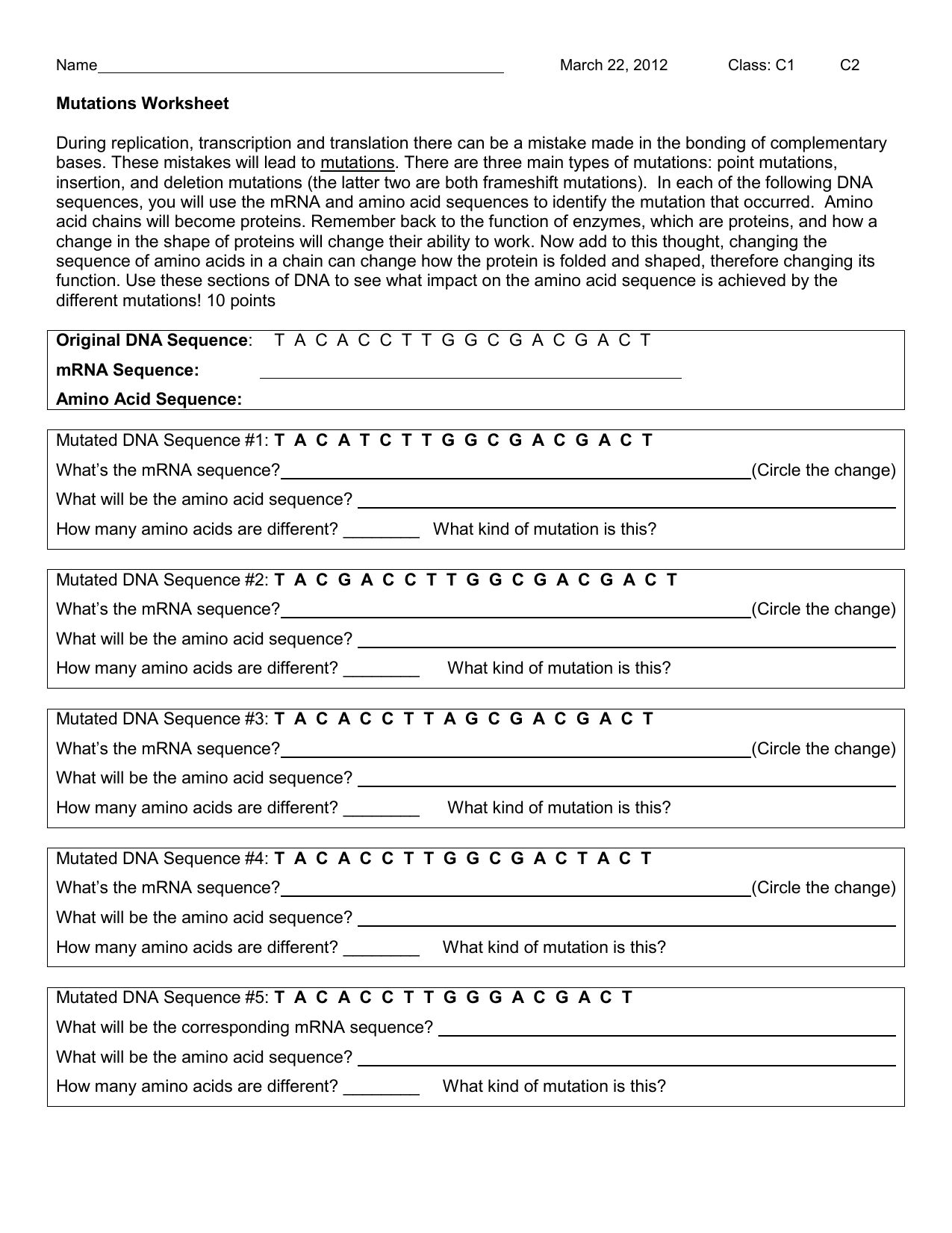 Mutations Worksheet Answer Key