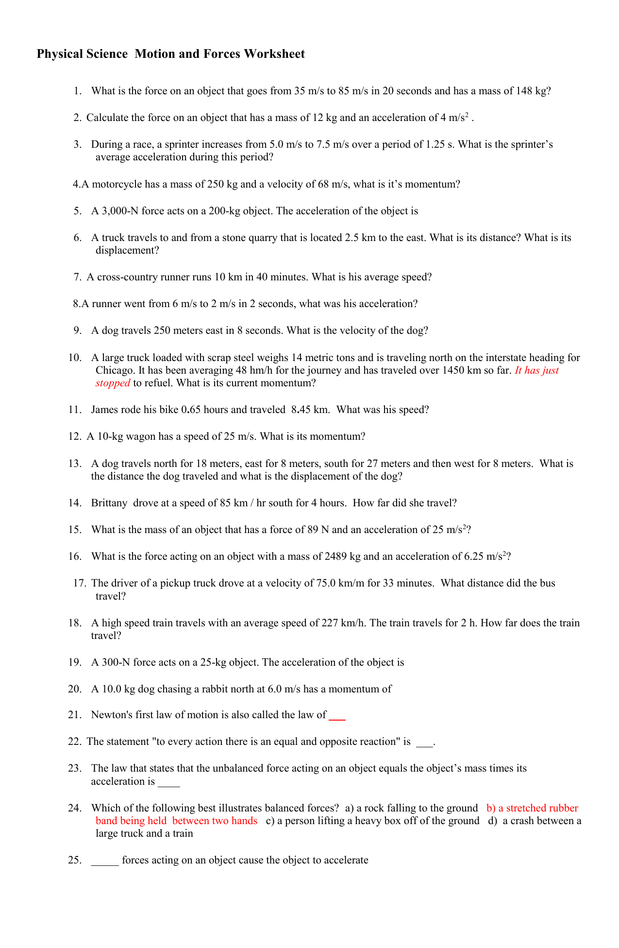 physical science motion and forces worksheet