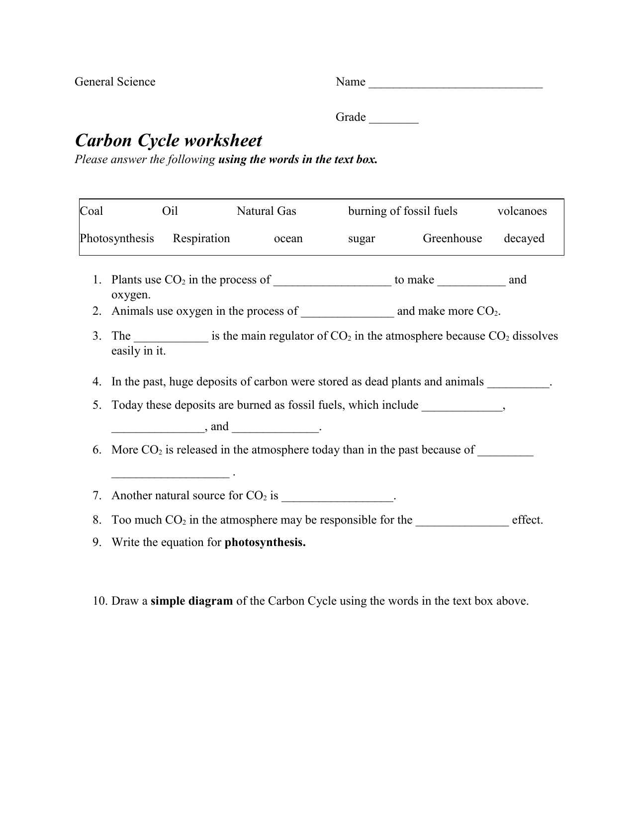 Carbon cycle worksheet For Carbon Cycle Worksheet Answers