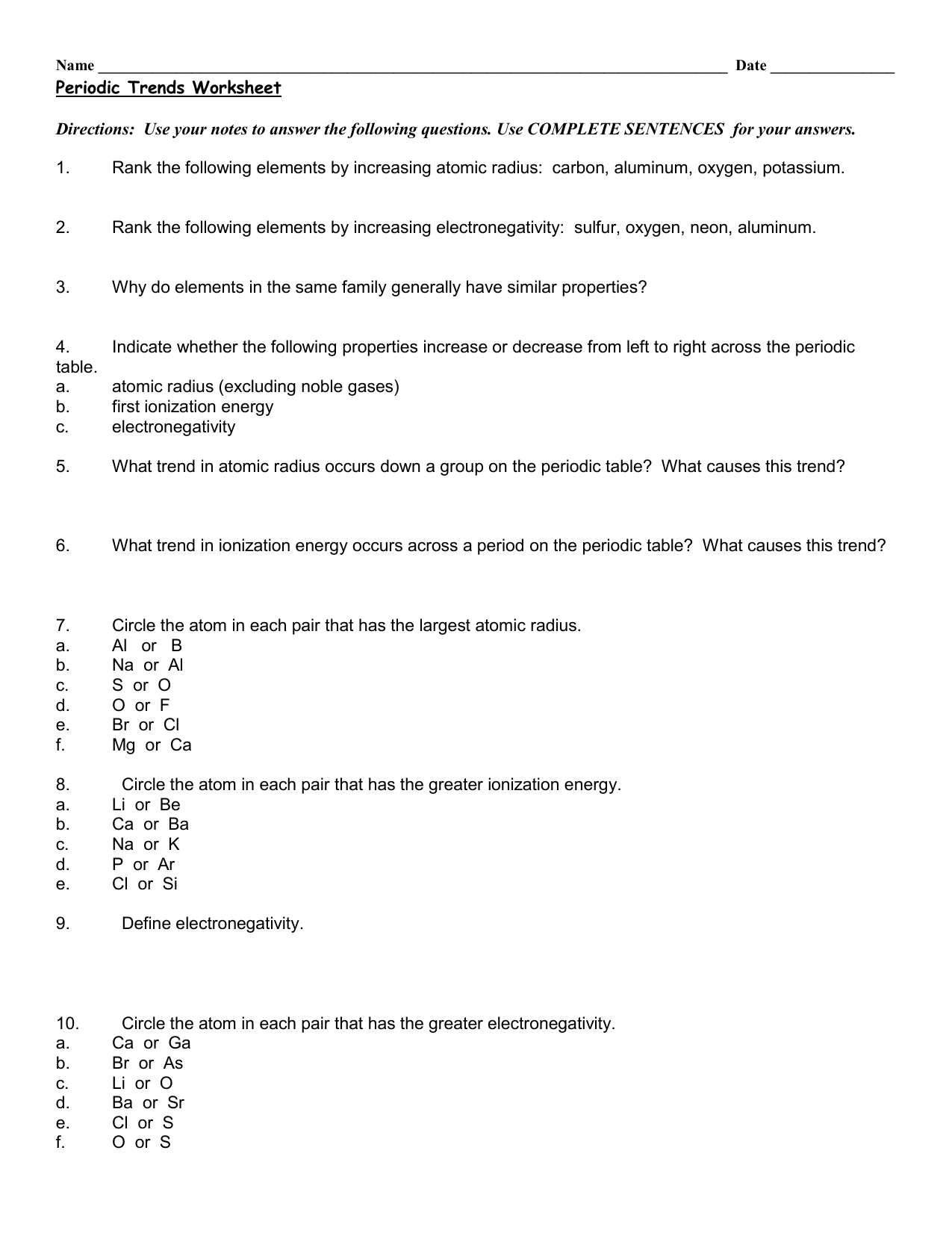 Periodic Trends Worksheet With Periodic Trends Worksheet Answer Key