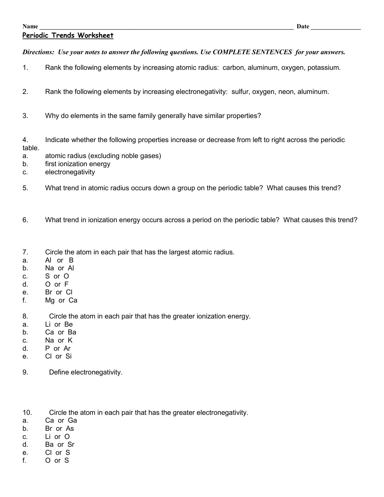 Periodic Trends Worksheet Regarding Worksheet Periodic Trends Answers