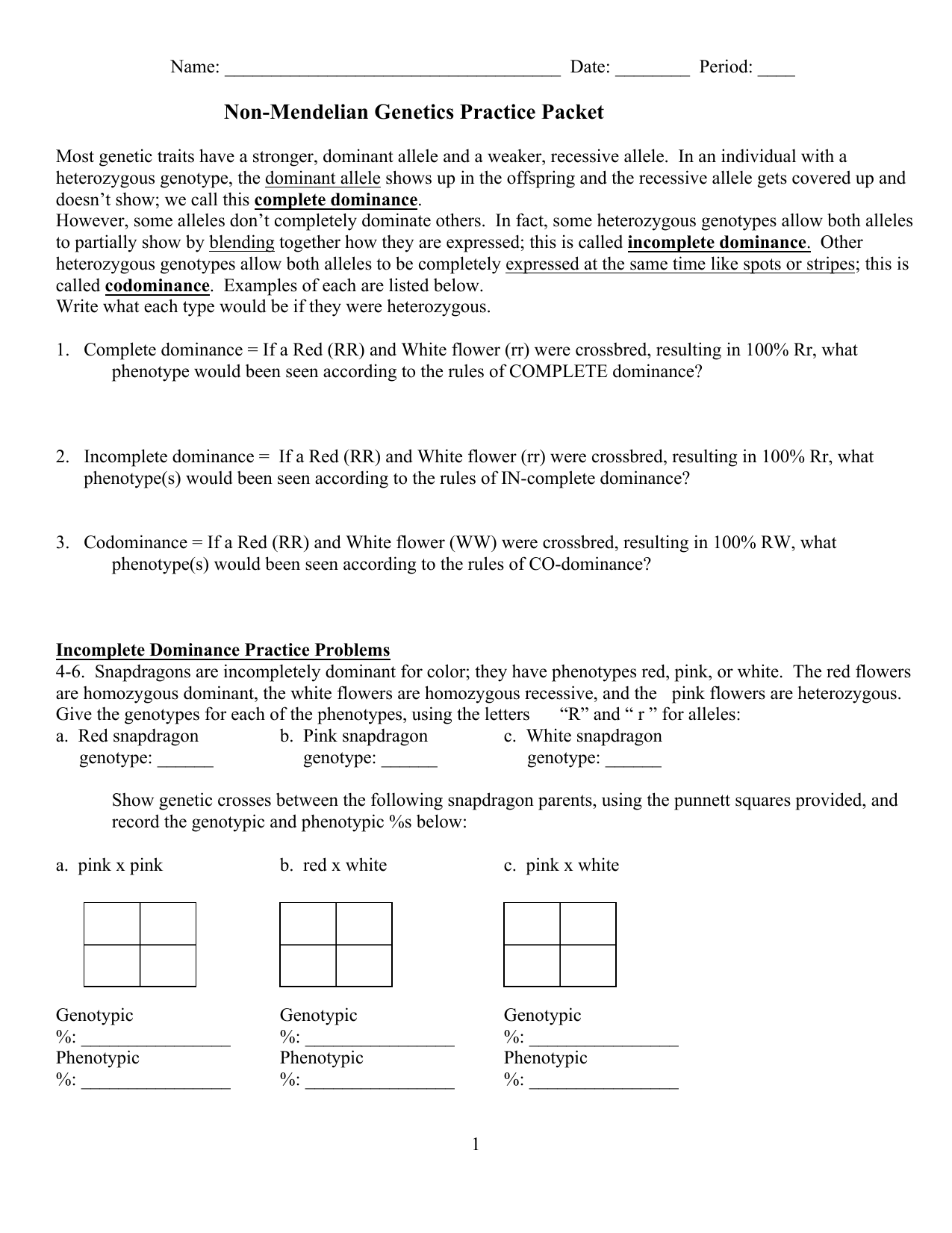 Non Mendelian Genetics Practice 1 