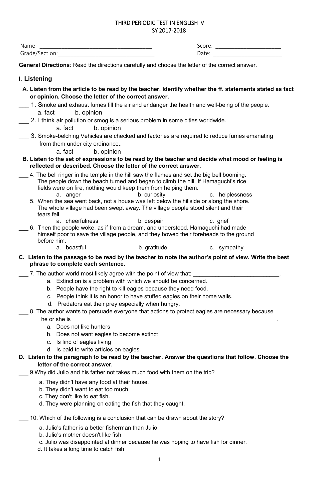 Grade 10 English 2nd Quarter Exam Answer Key Quarter 2