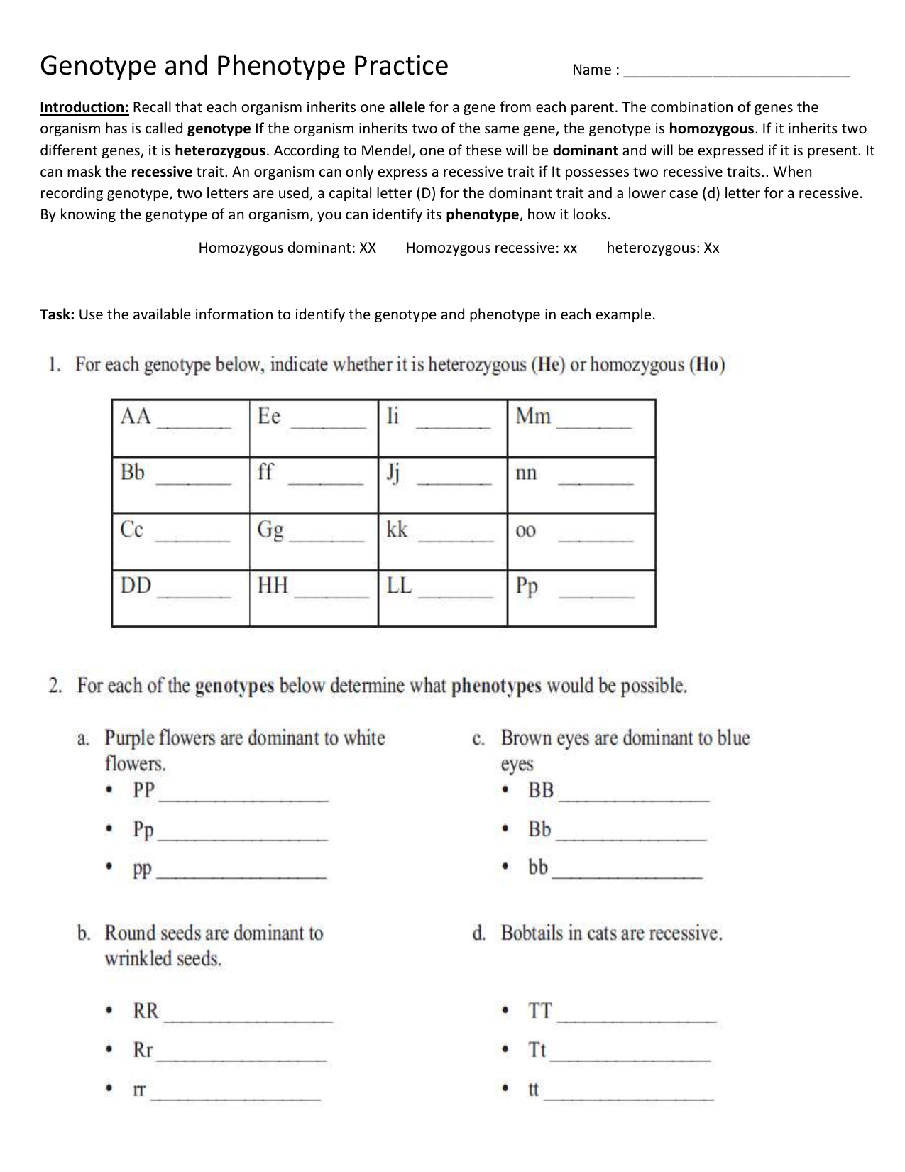 Genotype Phenotype Worksheet Pertaining To Genotypes And Phenotypes Worksheet