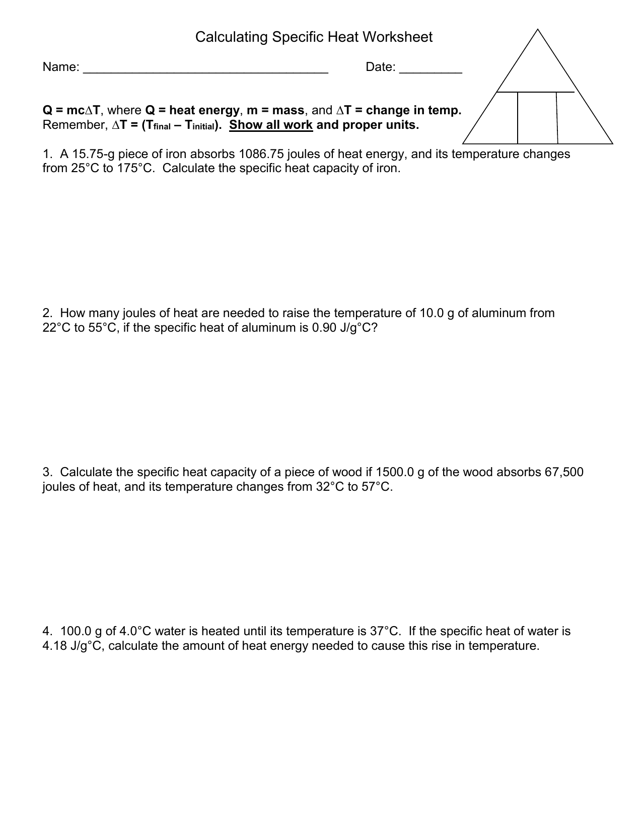 Specific Heat Worksheet Within Calculating Specific Heat Worksheet