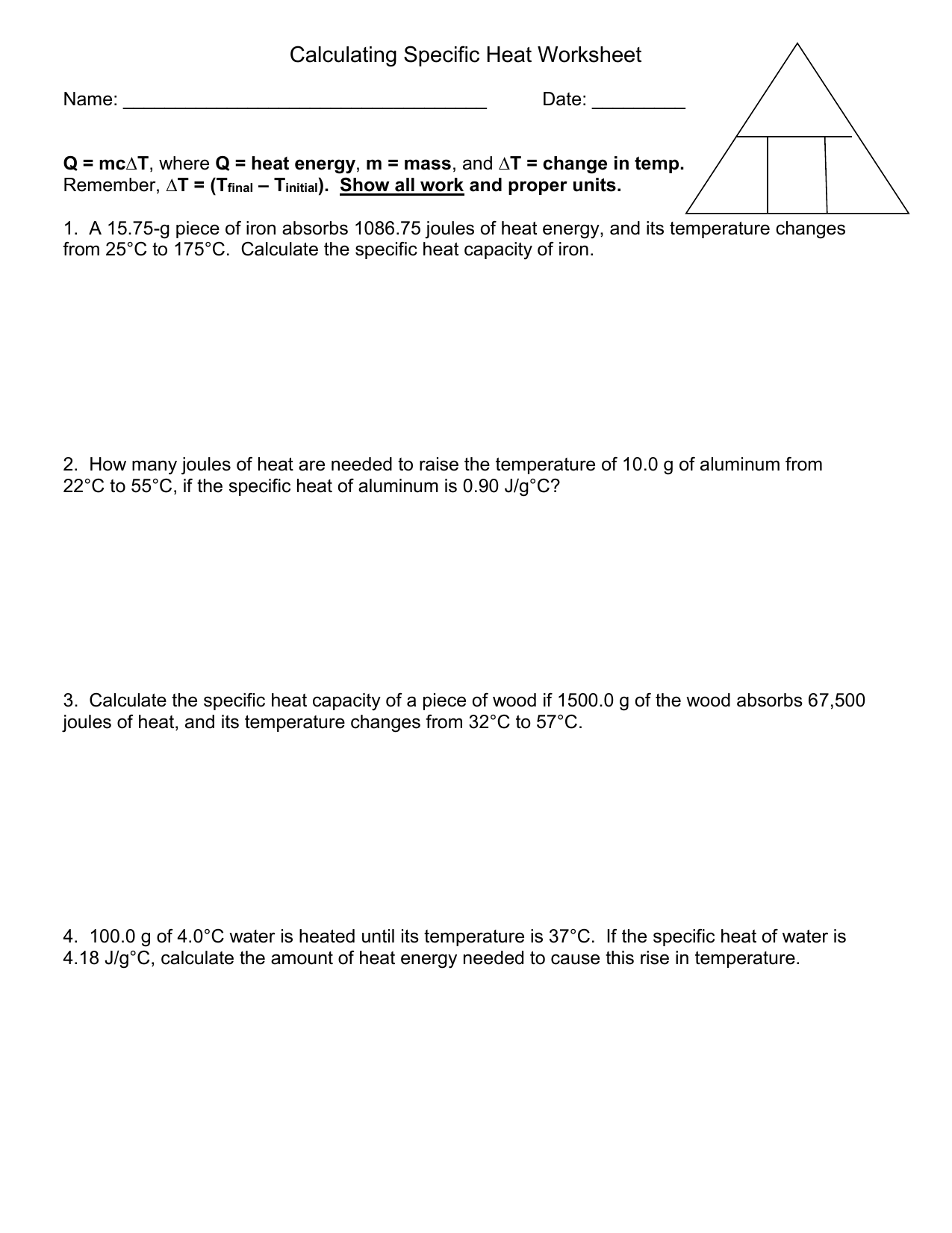 Specific Heat Worksheet