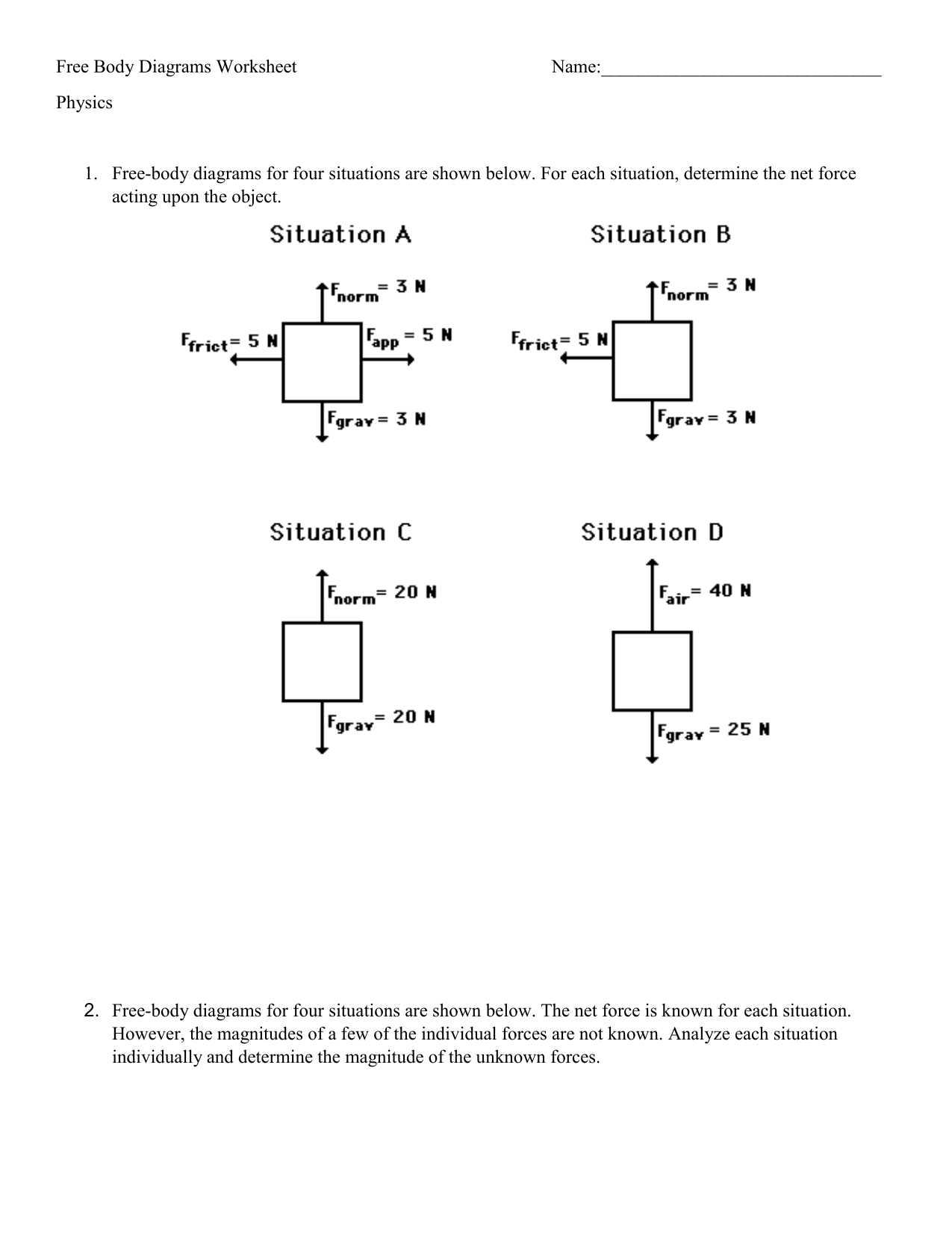 Free Body Diagram Worksheet Answers