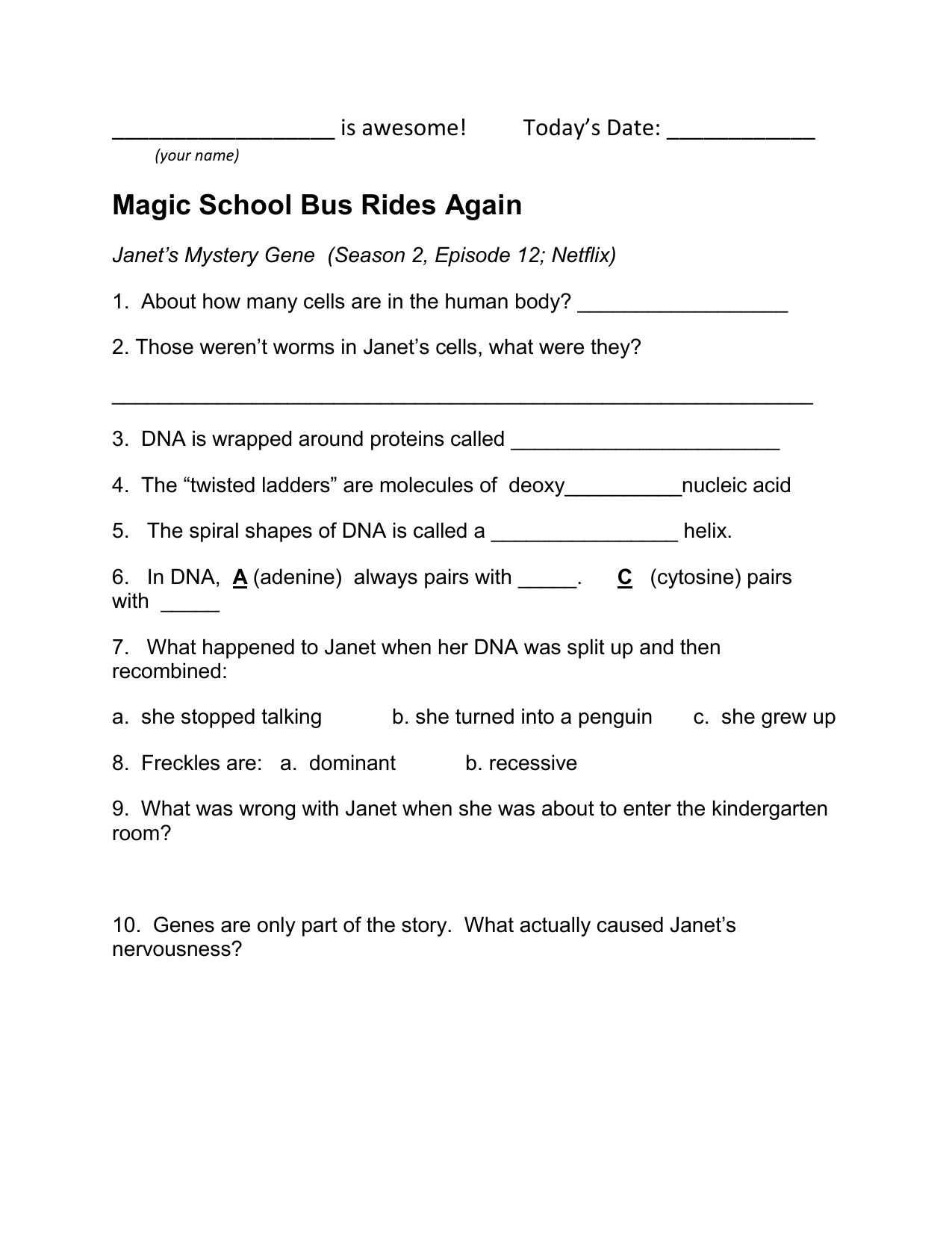 magic school bus mystery gene In Magic School Bus Worksheet