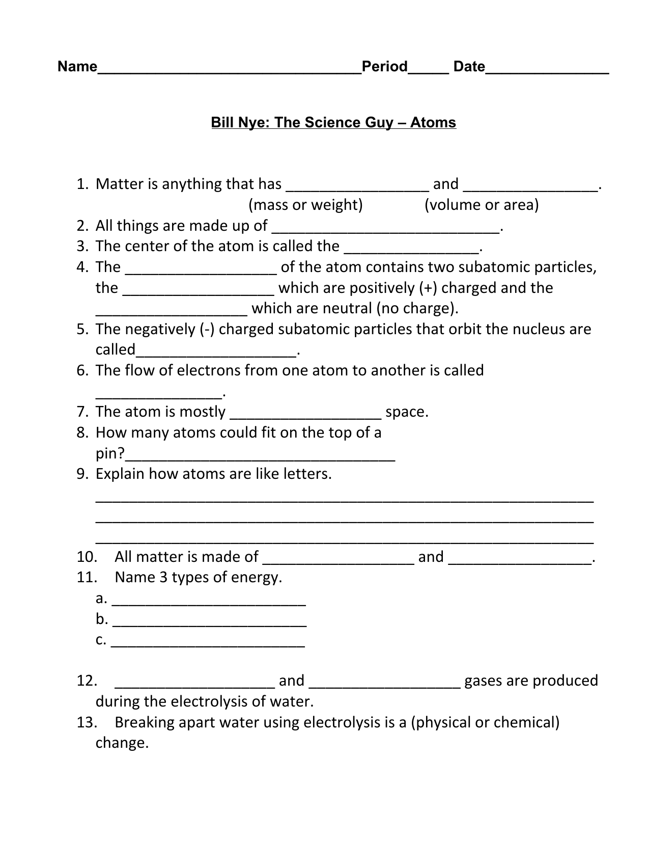 Video Guide Bill Nye Atoms