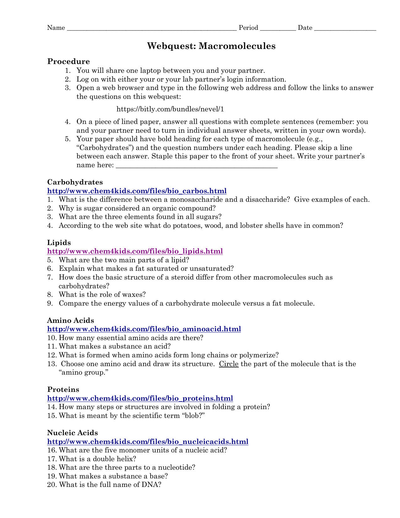 Macromolecule Webquest