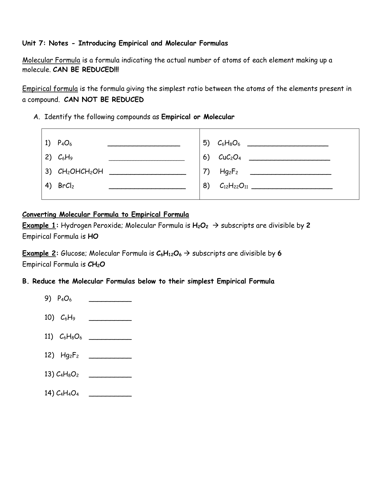 Notes- Empirical & Molecular Formulas For Empirical And Molecular Formulas Worksheet