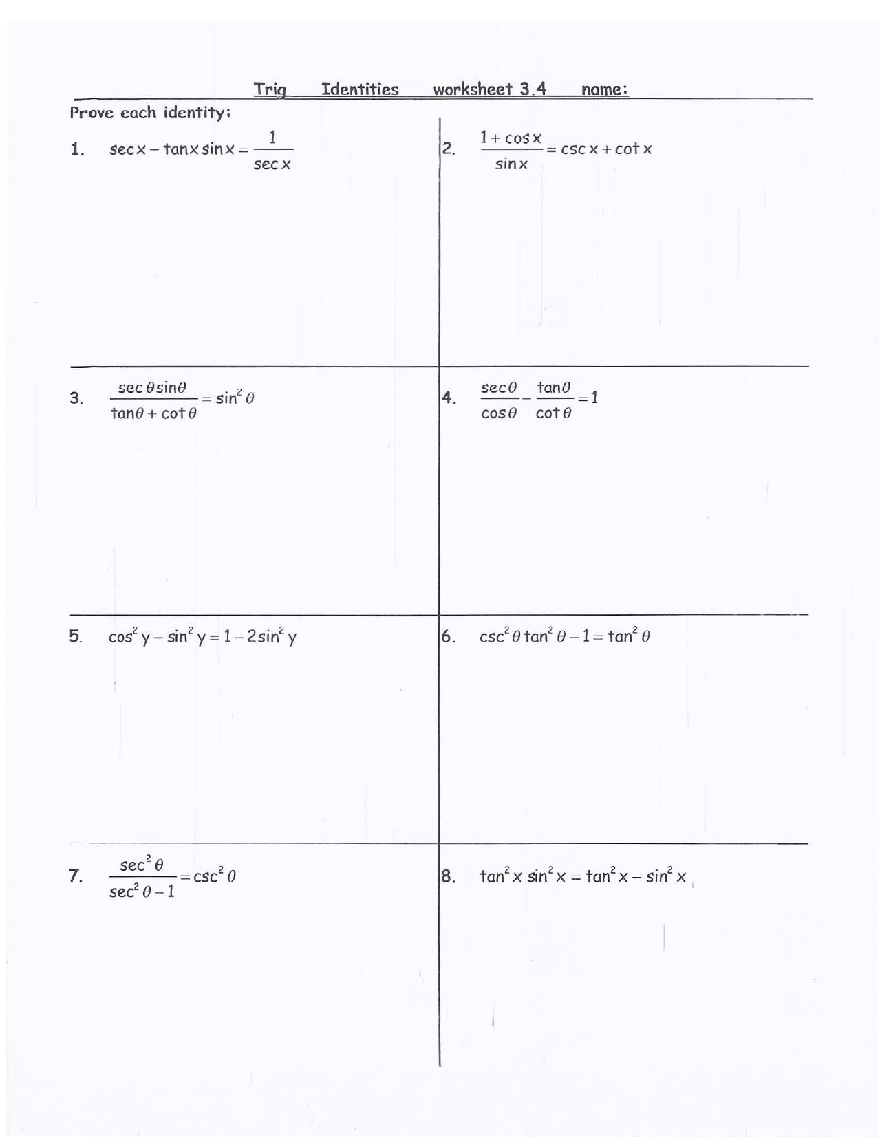 trig worksheet with answers