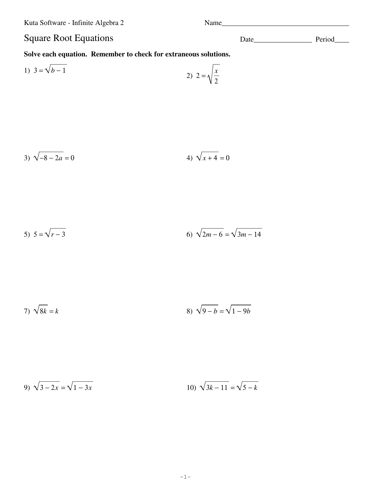 Square Root Equations With Solving Square Root Equations Worksheet