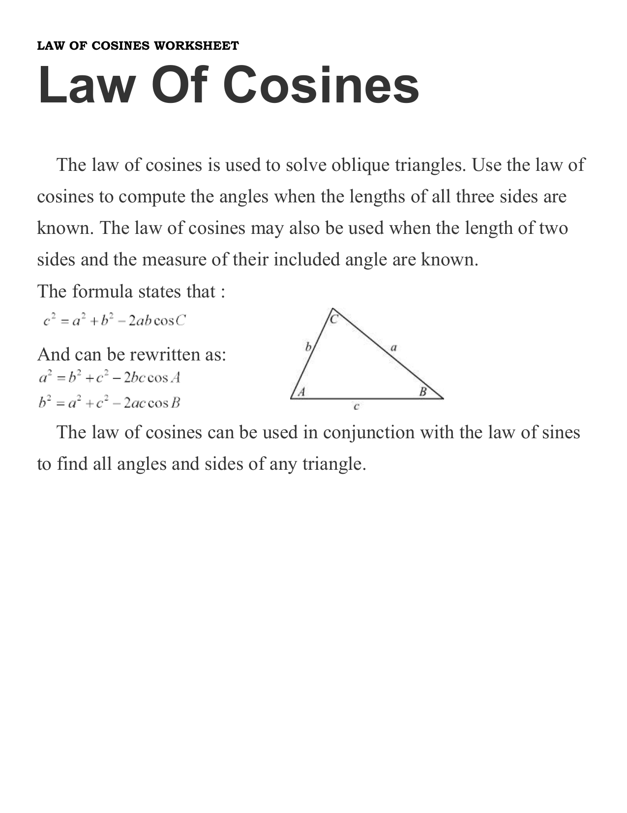 law of cosines worksheet Regarding Law Of Sines Worksheet