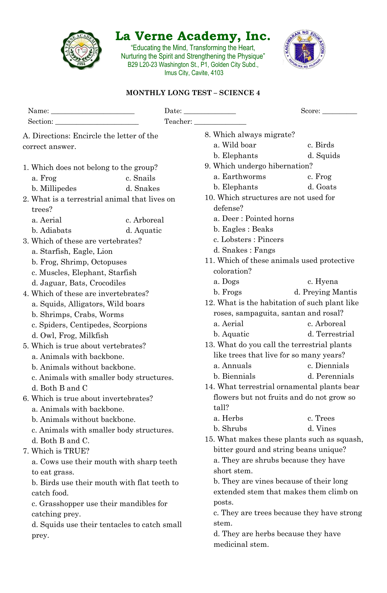 Grade 2 Science Quiz