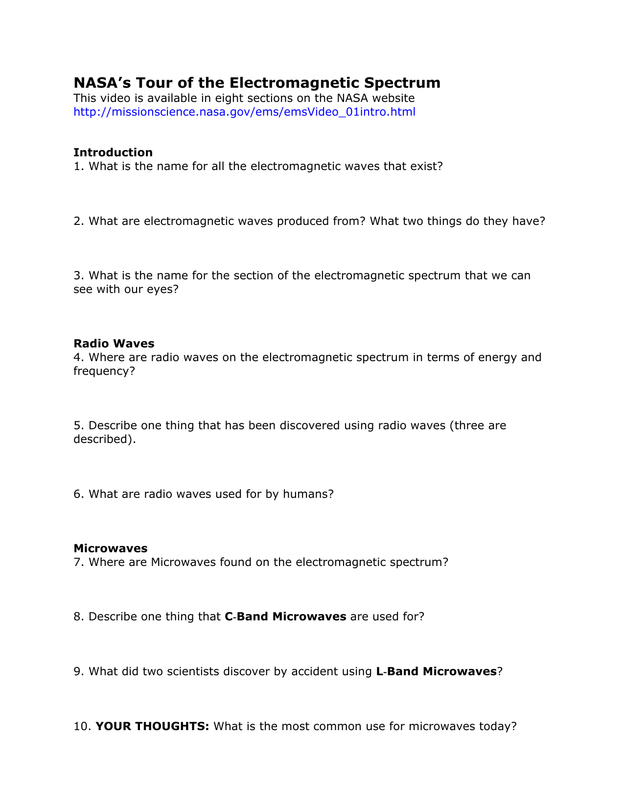 NASA s Tour Of The Electromagnetic Spectrum Questions