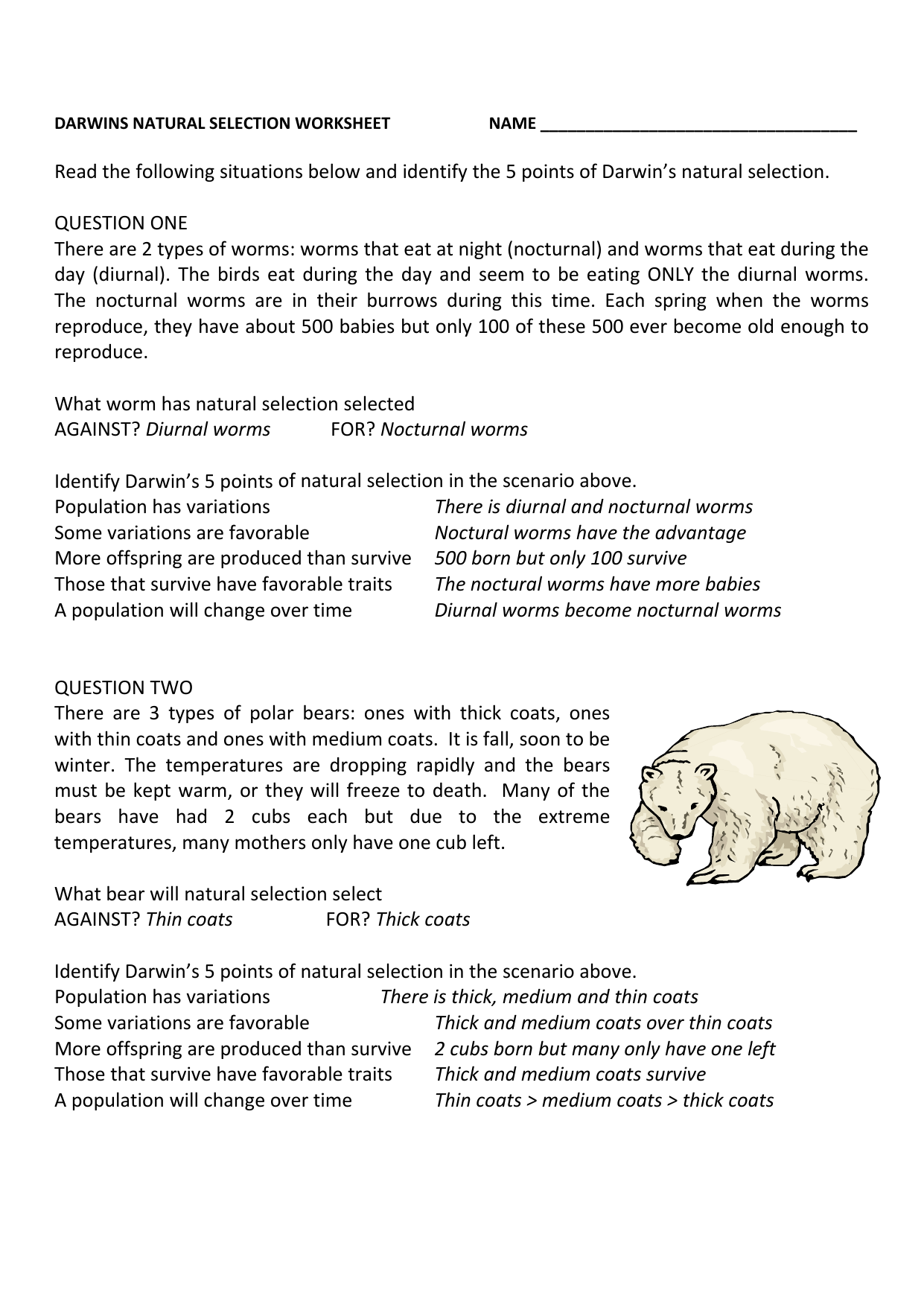 Natural Selection Worksheets With Regard To Darwin039s Natural Selection Worksheet Answers