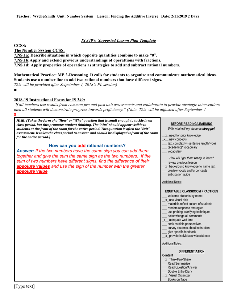 Adding Rational Numbers Lesson Plan