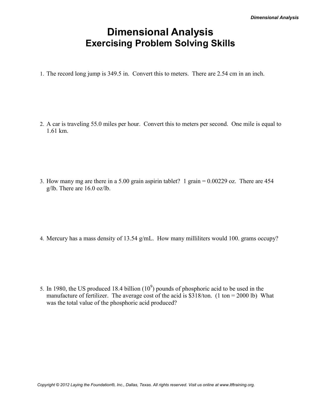 Conversion Problems Part 25 In Dimensional Analysis Problems Worksheet