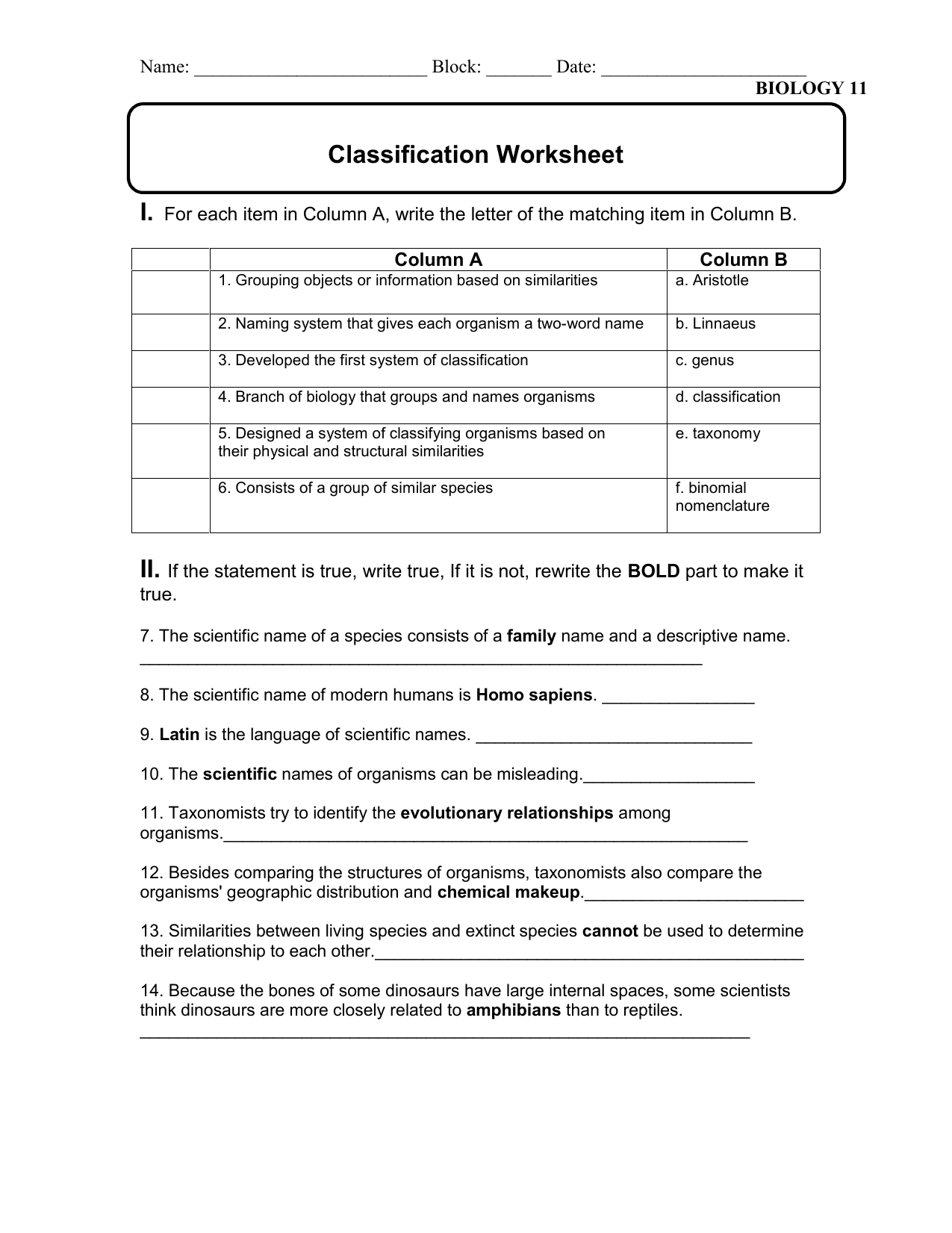 Classification Worksheet In Biological Classification Worksheet Answers