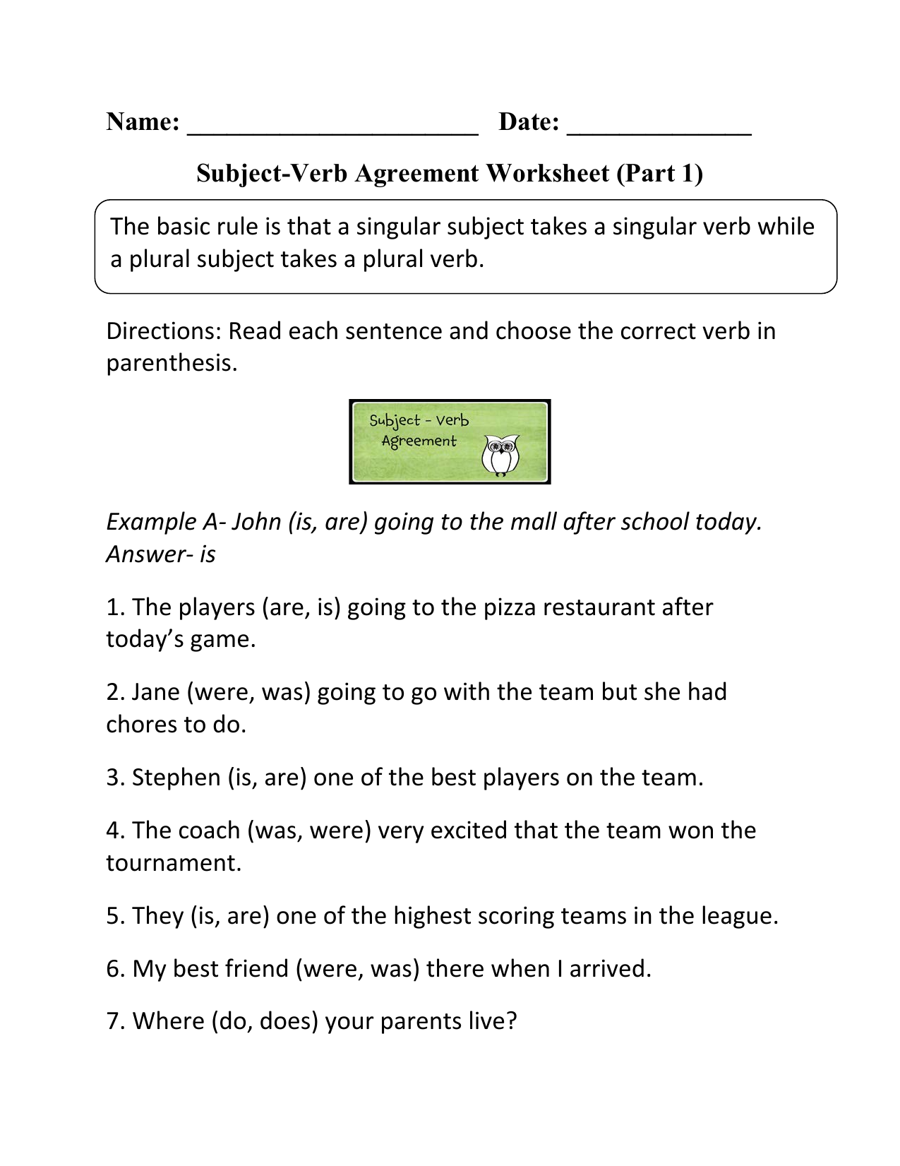 Subject Verb Agreement Grade 3 Worksheet Pdf