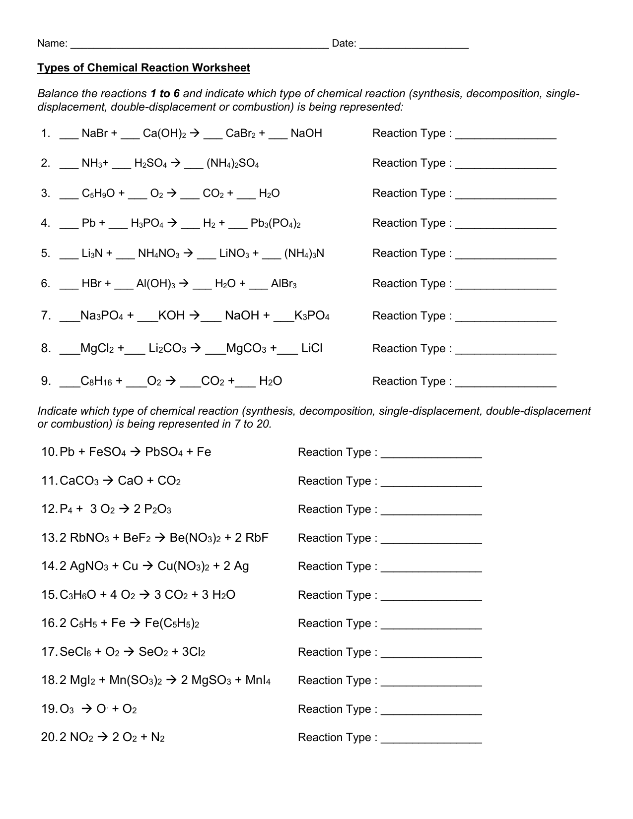 Types of Chemical Reaction Worksheet Throughout Types Of Reactions Worksheet Answers
