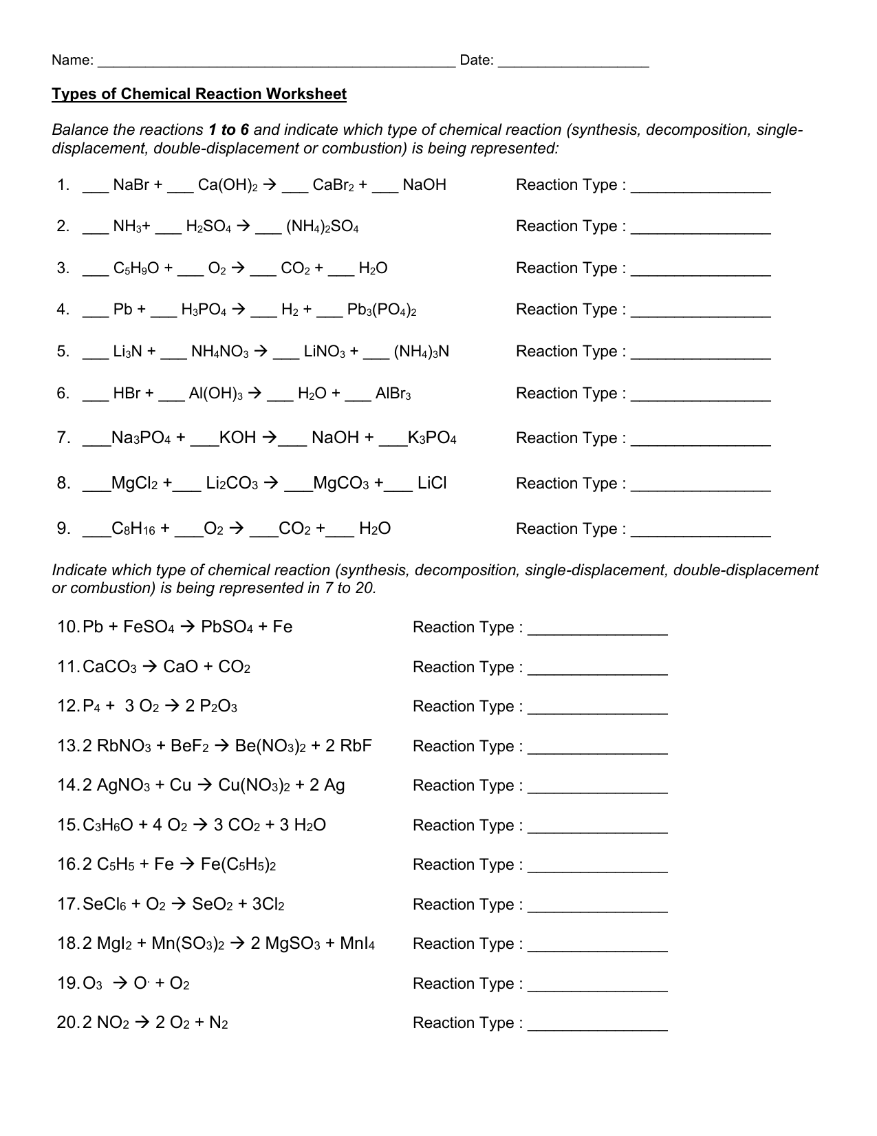 Types of Chemical Reaction Worksheet