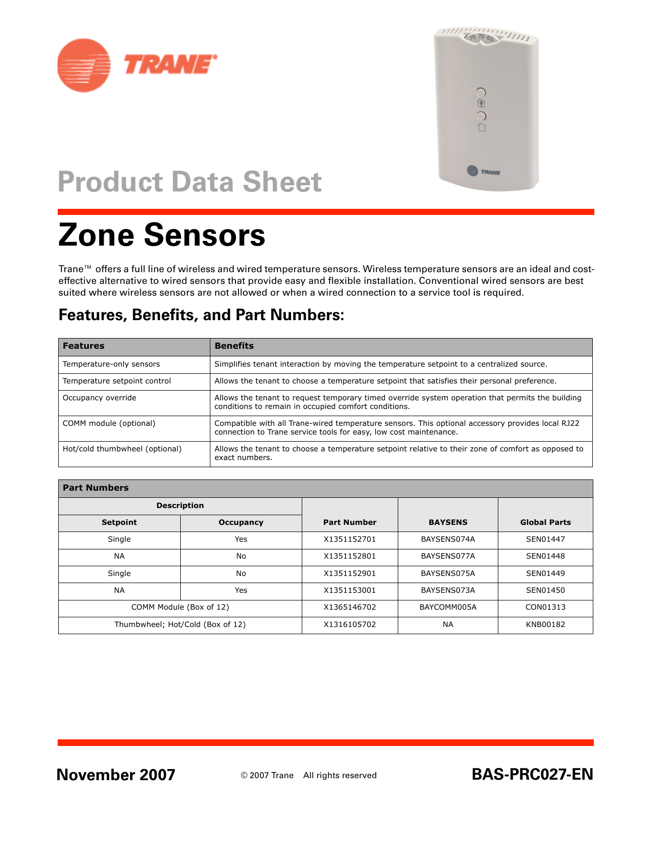 X13511527-01 Wired Zone Sensor Trane Service First Rev A 