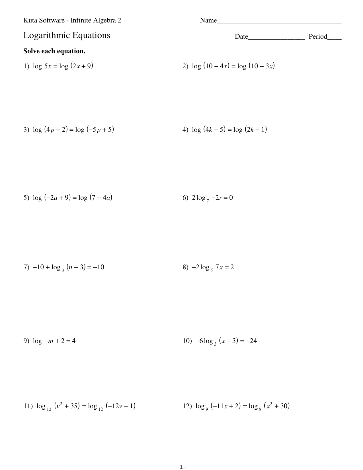 solving logarithmic equations practice problems