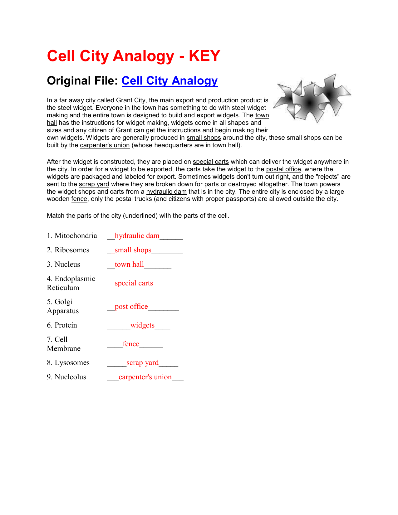 Cell City Analogy Key (5) With Cell City Analogy Worksheet  Answers