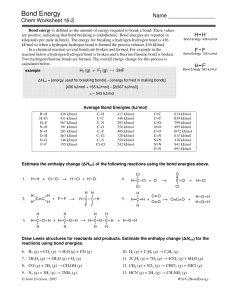 Bond Energy Worksheet: Chemistry Calculations