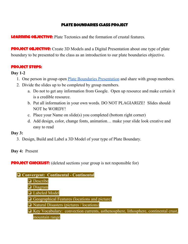 Plate Tectonics Project General Science 