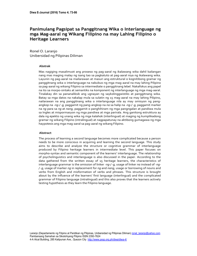Filipino Interlanguage: Heritage Learners' Linguistic Analysis