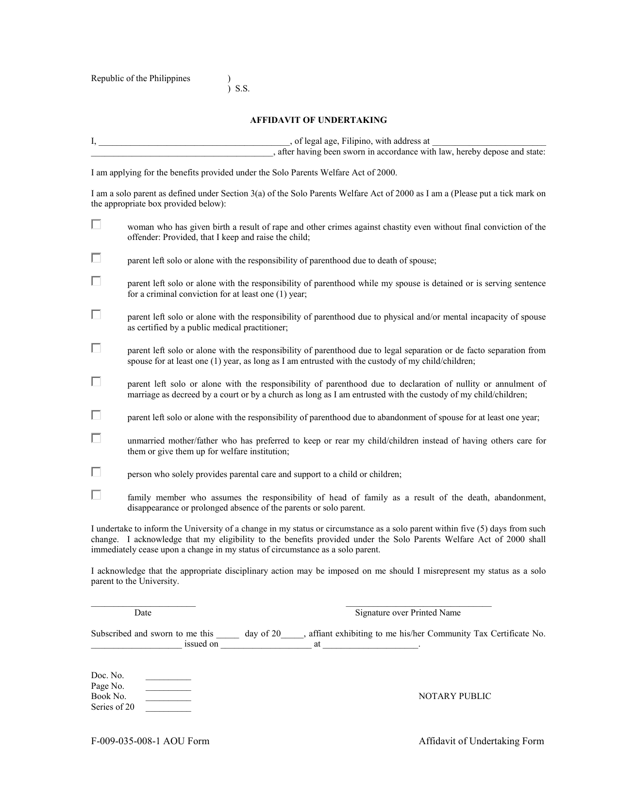 Affidavit of Undertaking Form - SOLO PARENT (22) For legal undertaking template