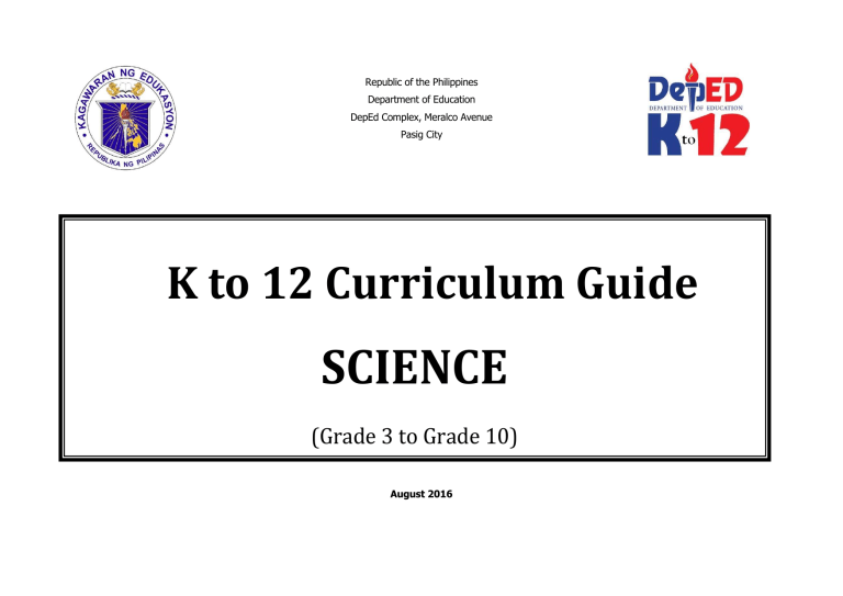 K 12 Science Curriculum Guide August 2016 