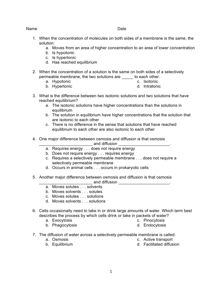 Biology Practice Midterm-Cell Transport (Grade 9)