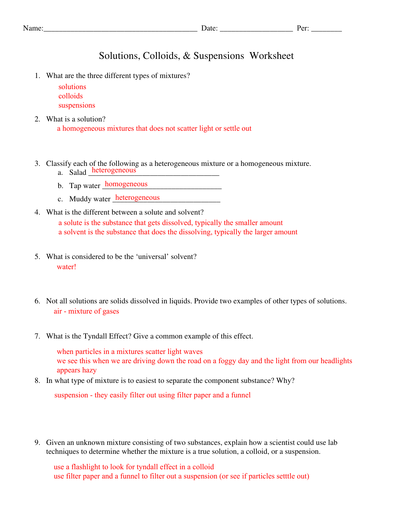 w-soltution colloid suspension key Throughout Solutions Colloids And Suspensions Worksheet