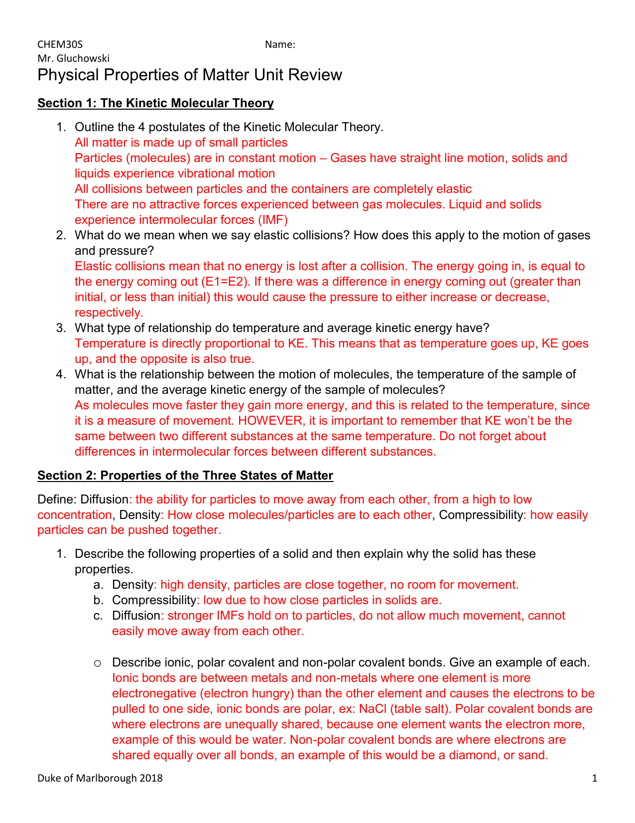 Physical Properties of Matter Unit Review answers Inside Properties Of Matter Worksheet Answers