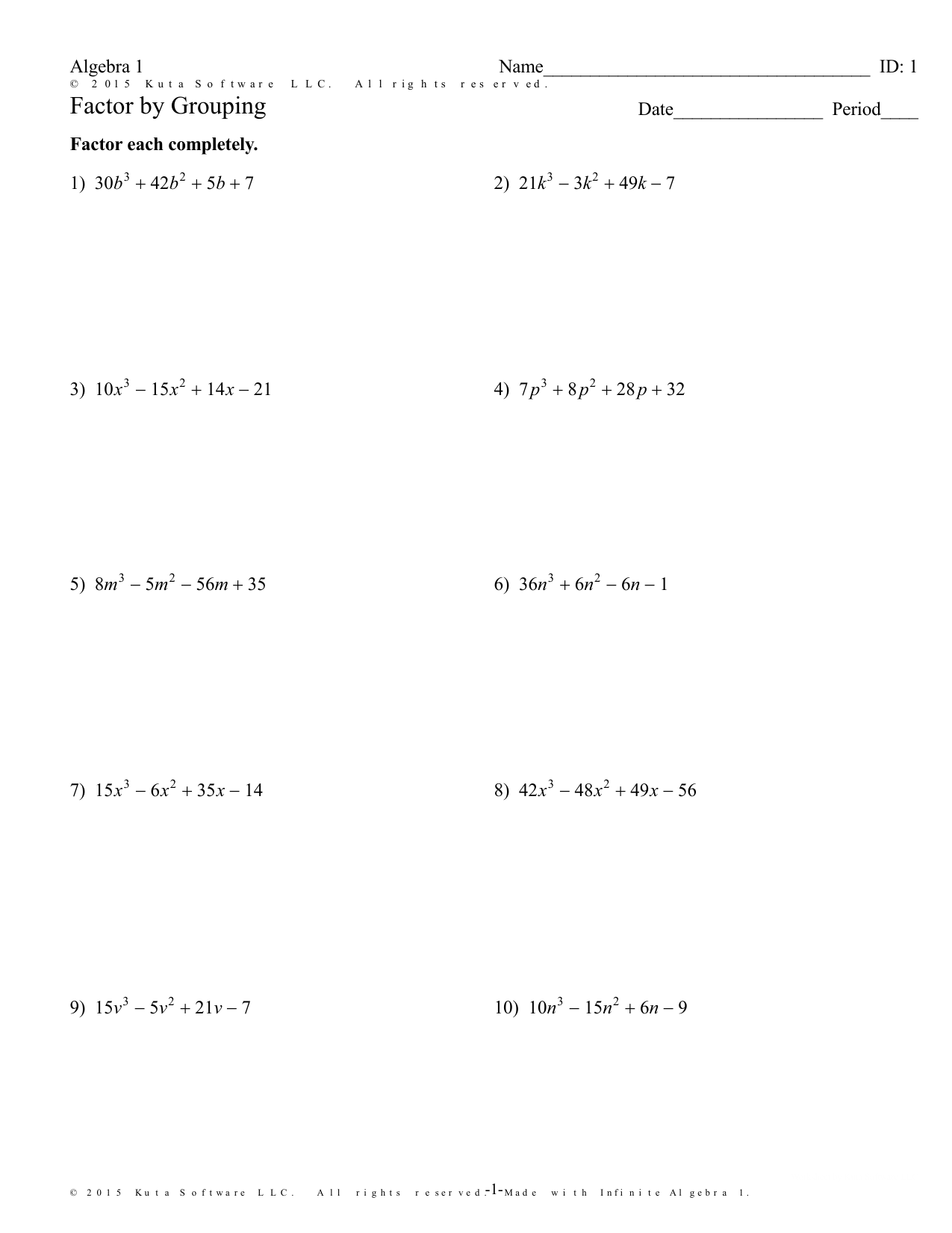 Factor by Grouping.Practice In Algebra 1 Factoring Worksheet