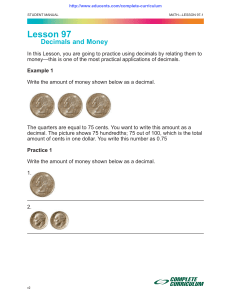 Decimals and Money Lesson and Worksheets