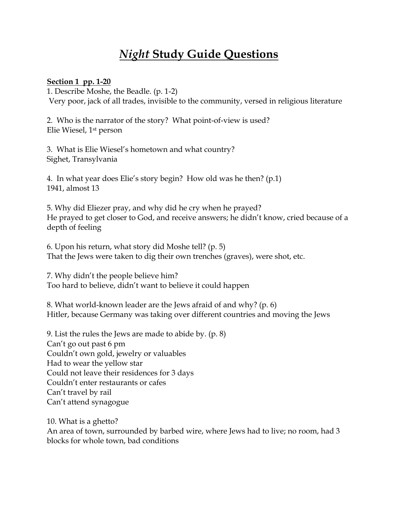 Night By Elie Wiesel Study Guide Answers Elie Wiesel s Night Study 